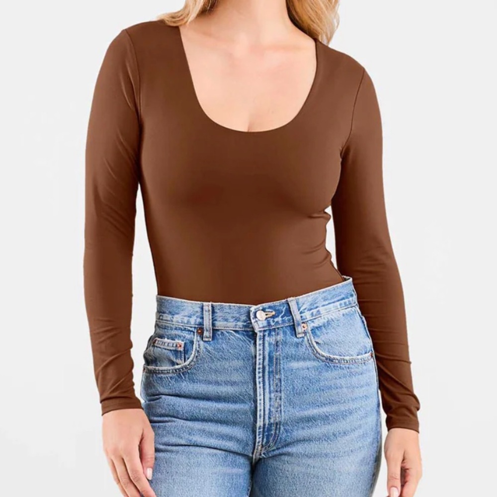 Nuuds Long Sleeve Scoop Neck Bodysuit - Chocolate